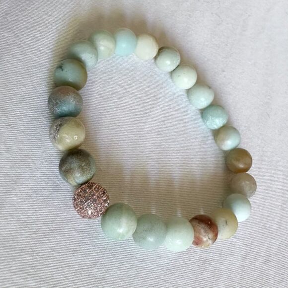 8mm Matte Amazonite Stretch Bracelet with 8mm Pave Rose Gold Spacer - Picture 2 of 4